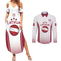 Latvia Basketball Custom Couples Matching Summer Maxi Dress and Long Sleeve Button Shirt White Latvian Pattern