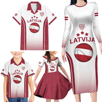 Latvia Basketball Custom Family Matching Long Sleeve Bodycon Dress and Hawaiian Shirt White Latvian Pattern