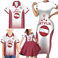 Latvia Basketball Custom Family Matching Short Sleeve Bodycon Dress and Hawaiian Shirt White Latvian Pattern