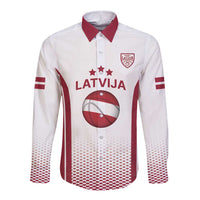 Latvia Basketball Custom Long Sleeve Button Shirt White Latvian Pattern