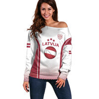 Latvia Basketball Custom Off Shoulder Sweater White Latvian Pattern