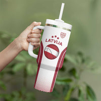 Latvia Basketball Custom Tumbler With Handle White Latvian Pattern