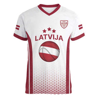 Latvia Basketball Custom Women V-Neck T-Shirt White Latvian Pattern