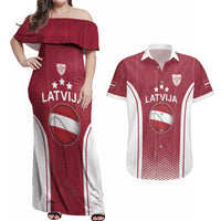 Latvia Basketball Custom Couples Matching Off Shoulder Maxi Dress and Hawaiian Shirt Red Latvian Pattern