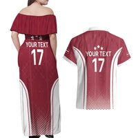Latvia Basketball Custom Couples Matching Off Shoulder Maxi Dress and Hawaiian Shirt Red Latvian Pattern
