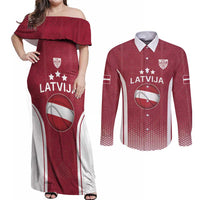 Latvia Basketball Custom Couples Matching Off Shoulder Maxi Dress and Long Sleeve Button Shirt Red Latvian Pattern