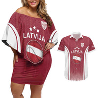 Latvia Basketball Custom Couples Matching Off Shoulder Short Dress and Hawaiian Shirt Red Latvian Pattern