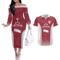 Latvia Basketball Custom Couples Matching Off The Shoulder Long Sleeve Dress and Hawaiian Shirt Red Latvian Pattern