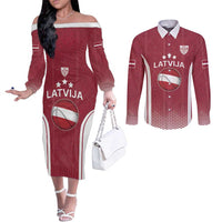 Latvia Basketball Custom Couples Matching Off The Shoulder Long Sleeve Dress and Long Sleeve Button Shirt Red Latvian Pattern