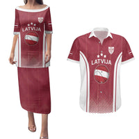 Latvia Basketball Custom Couples Matching Puletasi and Hawaiian Shirt Red Latvian Pattern