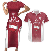 Latvia Basketball Custom Couples Matching Short Sleeve Bodycon Dress and Hawaiian Shirt Red Latvian Pattern