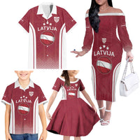 Latvia Basketball Custom Family Matching Off The Shoulder Long Sleeve Dress and Hawaiian Shirt Red Latvian Pattern