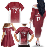 Latvia Basketball Custom Family Matching Off The Shoulder Long Sleeve Dress and Hawaiian Shirt Red Latvian Pattern