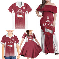 Latvia Basketball Custom Family Matching Off Shoulder Maxi Dress and Hawaiian Shirt Red Latvian Pattern