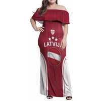 Latvia Basketball Custom Family Matching Off Shoulder Maxi Dress and Hawaiian Shirt Red Latvian Pattern