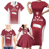 Latvia Basketball Custom Family Matching Short Sleeve Bodycon Dress and Hawaiian Shirt Red Latvian Pattern