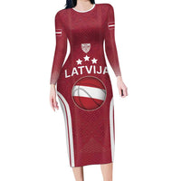 Latvia Basketball Custom Long Sleeve Bodycon Dress Red Latvian Pattern