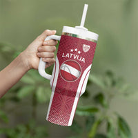 Latvia Basketball Custom Tumbler With Handle Red Latvian Pattern