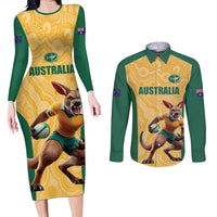 Custom Australia Rugby Couples Matching Long Sleeve Bodycon Dress and Long Sleeve Button Shirt Kangaroo Mascot