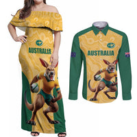 Custom Australia Rugby Couples Matching Off Shoulder Maxi Dress and Long Sleeve Button Shirt Kangaroo Mascot