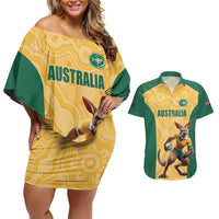 Custom Australia Rugby Couples Matching Off Shoulder Short Dress and Hawaiian Shirt Kangaroo Mascot