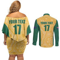 Custom Australia Rugby Couples Matching Off Shoulder Short Dress and Long Sleeve Button Shirt Kangaroo Mascot