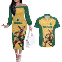 Custom Australia Rugby Couples Matching Off The Shoulder Long Sleeve Dress and Hawaiian Shirt Kangaroo Mascot