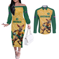 Custom Australia Rugby Couples Matching Off The Shoulder Long Sleeve Dress and Long Sleeve Button Shirt Kangaroo Mascot