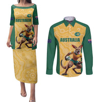 Custom Australia Rugby Couples Matching Puletasi and Long Sleeve Button Shirt Kangaroo Mascot