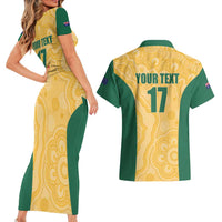 Custom Australia Rugby Couples Matching Short Sleeve Bodycon Dress and Hawaiian Shirt Kangaroo Mascot