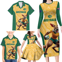 Custom Australia Rugby Family Matching Long Sleeve Bodycon Dress and Hawaiian Shirt Kangaroo Mascot