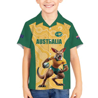 Custom Australia Rugby Family Matching Off The Shoulder Long Sleeve Dress and Hawaiian Shirt Kangaroo Mascot