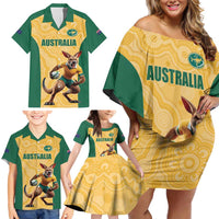 Custom Australia Rugby Family Matching Off Shoulder Short Dress and Hawaiian Shirt Kangaroo Mascot