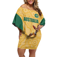 Custom Australia Rugby Family Matching Off Shoulder Short Dress and Hawaiian Shirt Kangaroo Mascot