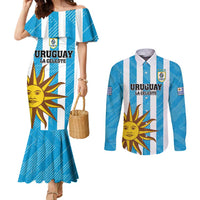 Custom Uruguay Football Couples Matching Mermaid Dress and Long Sleeve Button Shirt Sol De May