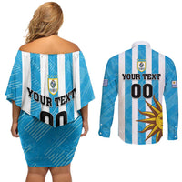 Custom Uruguay Football Couples Matching Off Shoulder Short Dress and Long Sleeve Button Shirt Sol De May - Wonder Print Shop