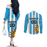 Custom Uruguay Football Couples Matching Off The Shoulder Long Sleeve Dress and Long Sleeve Button Shirt Sol De May