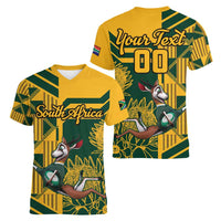Custom South Africa Rugby Women V-Neck T-Shirt Springboks With Protea Cynaroides - Wonder Print Shop