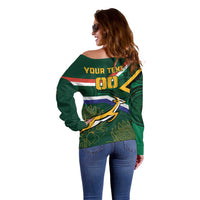 Custom South Africa Rugby Off Shoulder Sweater Springboks Mascot African Pattern - Wonder Print Shop