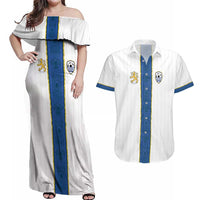 Custom Finland Football Couples Matching Off Shoulder Maxi Dress and Hawaiian Shirt Suomi Champion Sami Pattern - Wonder Print Shop