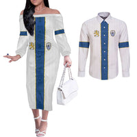 Custom Finland Football Couples Matching Off The Shoulder Long Sleeve Dress and Long Sleeve Button Shirt Suomi Champion Sami Pattern - Wonder Print Shop