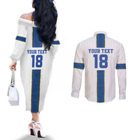 Custom Finland Football Couples Matching Off The Shoulder Long Sleeve Dress and Long Sleeve Button Shirt Suomi Champion Sami Pattern - Wonder Print Shop