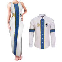 Custom Finland Football Couples Matching Tank Maxi Dress and Long Sleeve Button Shirt Suomi Champion Sami Pattern - Wonder Print Shop