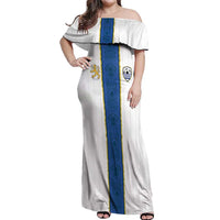 Custom Finland Football Off Shoulder Maxi Dress Suomi Champion Sami Pattern - Wonder Print Shop