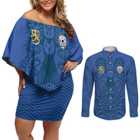 Custom Finland Football Champion Couples Matching Off Shoulder Short Dress and Long Sleeve Button Shirt Sami Pattern - Wonder Print Shop