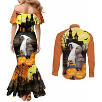 Capy-Boo-Ra Halloween Couples Matching Mermaid Dress and Long Sleeve Button Shirt Haunted House And Pumpkin Spooky