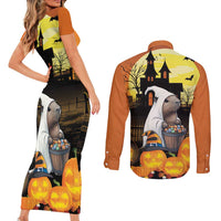 Capy-Boo-Ra Halloween Couples Matching Short Sleeve Bodycon Dress and Long Sleeve Button Shirt Haunted House And Pumpkin Spooky - Wonder Print Shop