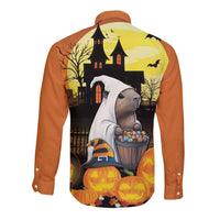 Capy-Boo-Ra Halloween Long Sleeve Button Shirt Haunted House And Pumpkin Spooky - Wonder Print Shop