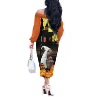 Capy-Boo-Ra Halloween Off The Shoulder Long Sleeve Dress Haunted House And Pumpkin Spooky - Wonder Print Shop
