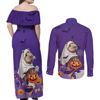 Capy-Boo-Ra Halloween Couples Matching Off Shoulder Maxi Dress and Long Sleeve Button Shirt Bats And Pumpkins Funny Style - Wonder Print Shop